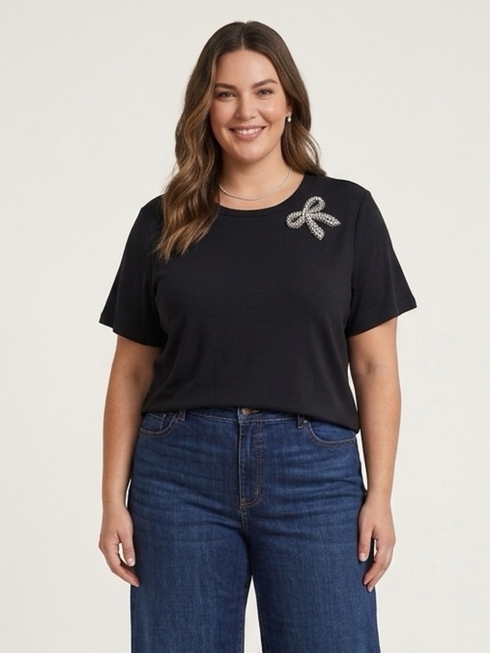 Trendy Embellished Bow Black Cotton T-Shirt NWT